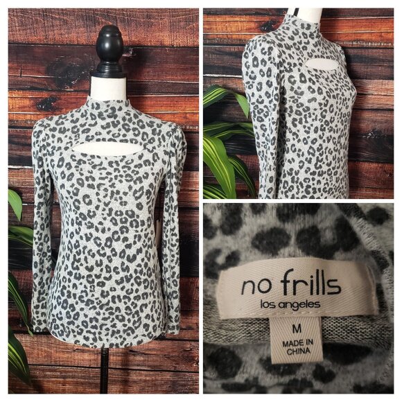 NWT No Frills LA Medium Soft Rayon Long Sleeve Cutout Top Blouse Leopard Gray - Picture 1 of 11